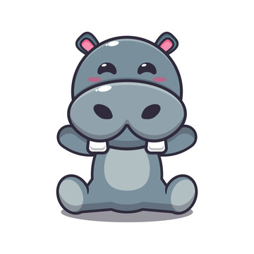 Cute hippo sitting cartoon vector illustration. 