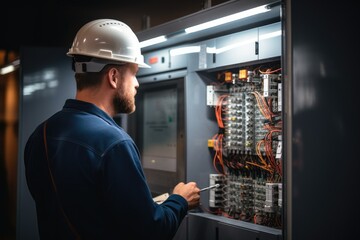 Electrician marking down things on a noteboard as a part of a scheduled maintenance work, Standing behind an electric panel.