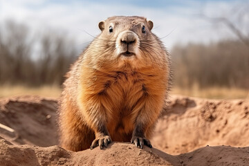 Groundhog sits in a hole in the ground with a close-up, happy groundhog day