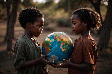 Two African Children holding earth globe