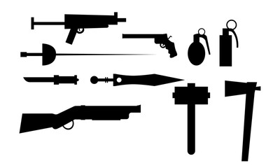 weapons detailed vector and silhouettes set black and white - obrazy, fototapety, plakaty