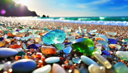 gemstones and sea glass glisten on the sandy beach, showcasing nature's hidden treasures by the shore - obrazy, fototapety, plakaty