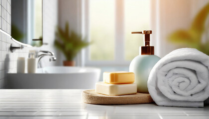 Fototapeta na wymiar bathroom scene: toiletries, soap, towel on soft white spa backdrop, inviting relaxation and self-care