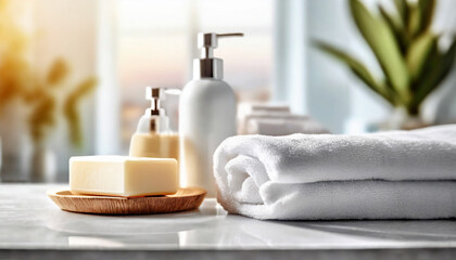 Fototapeta na wymiar bathroom scene: toiletries, soap, towel on soft white spa backdrop, inviting relaxation and self-care