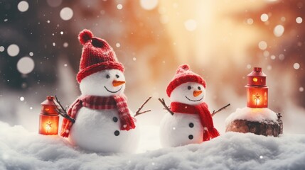 Cute toy snowman on the background with Christmas lights bokeh on background