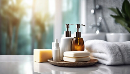 bathroom scene: toiletries, soap, towel on soft white spa backdrop, inviting relaxation and self-care - obrazy, fototapety, plakaty
