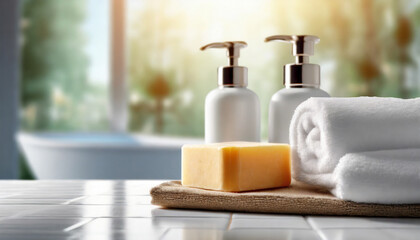 Obraz na płótnie Canvas bathroom scene: toiletries, soap, towel on soft white spa backdrop, inviting relaxation and self-care