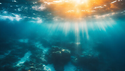 Fototapeta na wymiar Vivid abstract underwater scene: sunlight piercing through ocean depths, creating a mesmerizing, defocused backdrop