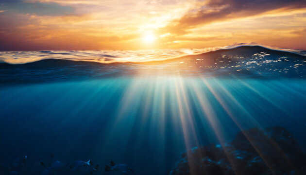 Vivid abstract underwater scene: sunlight piercing through ocean depths, creating a mesmerizing, defocused backdrop