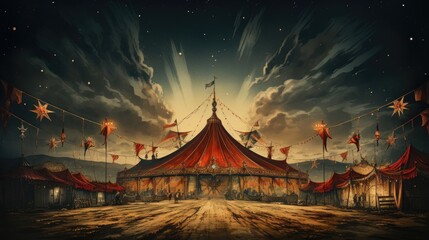 painting of a circus at night, with the big top tent lit up in a warm glow - obrazy, fototapety, plakaty