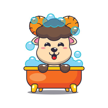 Cute ram sheep taking bubble bath in bathtub cartoon vector illustration. 