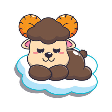 Cute sleeping ram sheep cartoon vector illustration. 