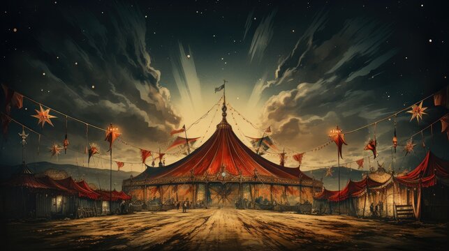 painting of a circus at night, with the big top tent lit up in a warm glow