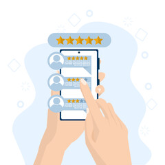 customer review rating and feedback concept. characters provide five-star feedback and voice satisfaction ratings on the smartphone app. Flat vector illustration isolated on white background.