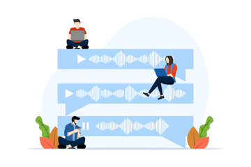 Voice message chat concept. people use microphones to record messages. Chat application. Talking Chat Speech Bubble. Modern flat cartoon style. Vector illustration on white background.