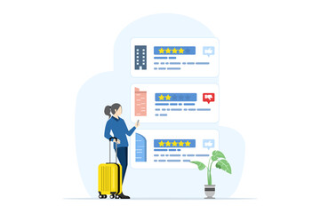 Travel, vacation and accommodation concept. tourists choose hotels and book rooms online flat vector illustration. Search or select hotels, inns and apartments via the internet. vector illustration.