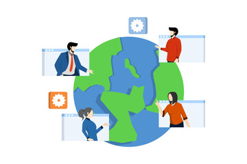Obraz na płótnie Canvas concept of human relations, world business, and networking, network of business people, global connection by connecting people orbiting around the world. vector flat illustration on white background.