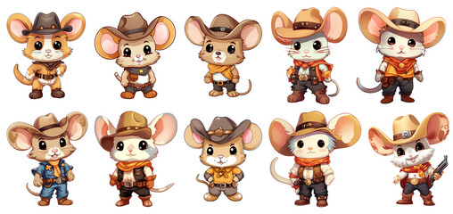 Fototapeta premium set of cute Cowboy Mice Clipart Sticker on transparent Background, generated ai