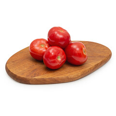 Red fresh tomato on a wooden board, on a white background, isolator