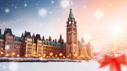Snow falling at Parliament Hill on Christmas day. Winter holidays and relationship concept