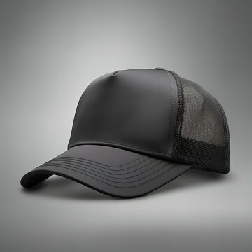Black trucker hat mockup, 3/4 view