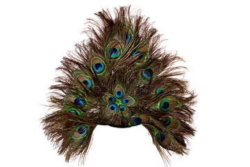 Peacock feather headdress isolated on a white background.