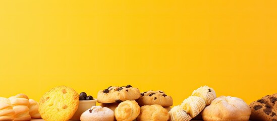 Assorted homemade baked goods with yellow background. - obrazy, fototapety, plakaty