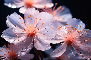 close up of cherry blossoms with water droplets on them