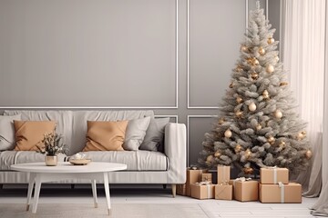 Festive magic. Beautifully decorated christmas tree in cozy room. Warm and bright. Holiday celebrations in modern interior. Xmas decor in stylishly designed living space