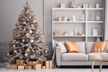 Fototapeta na wymiar Festive magic. Beautifully decorated christmas tree in cozy room. Warm and bright. Holiday celebrations in modern interior. Xmas decor in stylishly designed living space