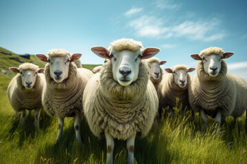 Fototapeta premium sheep is looking at you from its meadow on farm background.