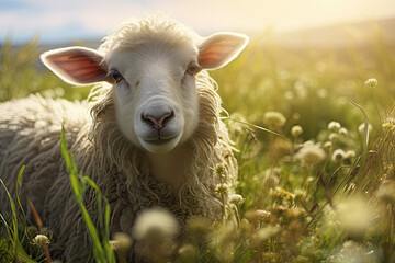 Obraz premium sheep is looking at you from its meadow on farm background.