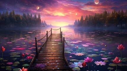 A wooden dock stretches out into a calm lake surrounded by lily pads and illuminated by the fading sunlight - obrazy, fototapety, plakaty