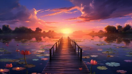 A magical lakeside sunset, the sky aglow with vibrant colors, a floating dock on the water, surrounded by lily pads and illuminated by the fading sunlight - obrazy, fototapety, plakaty