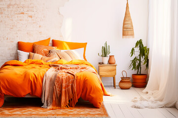 Vivid bohemian bedroom: orange bed, sleek white poster, and a chic bedside lamp, creating a stylish and cozy retreat.





