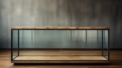 glass display case with a wooden top, placed on a wooden floor