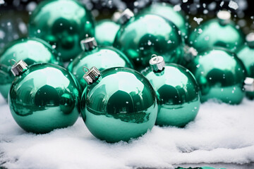 Green Christmas balls on snow background. New Year and Christmas background.
