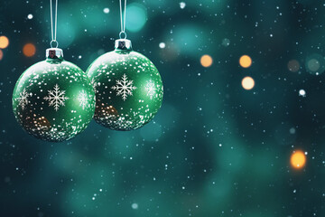Obraz na płótnie Canvas Christmas background with green balls and snowflakes. 3D illustration
