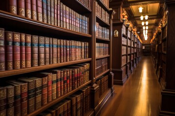 The Library rows full of ancient books. Legal References in a Law Firm