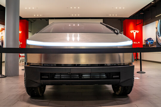 Front view of Tesla Cybertruck. Tesla showroom at the Santana Row, San Jose. 