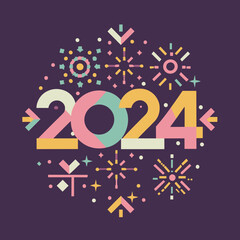 colorful pastel New year 2024 number with minimal festive fireworks on purple background. 2d greeting card. Vector illustration.