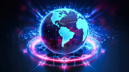 Naklejka premium Luminous planet, Earth shines in neon hues