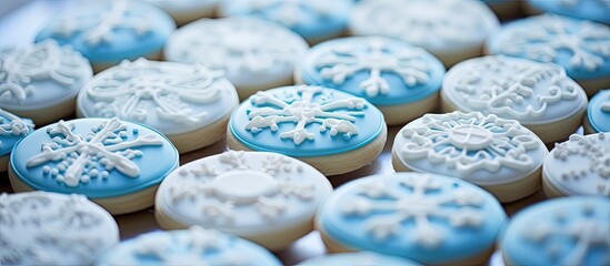 Blue and white baptism cookie ideas captured in closeup. - obrazy, fototapety, plakaty