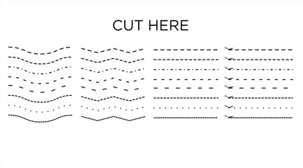 Vector icons. Set of cut dashed lines. Template of various dashed stripes with scissors