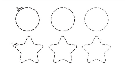 Set of vector icons of dashed geometric shapes. Circles and stars for cut on white background