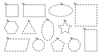 Set of design templates for cutting coupons. Vector dashed geometric objects from outlines on white backdrop