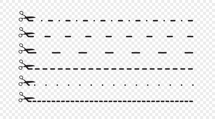 Set of dashed cutting paper lines. Vector illustration. Various stripes templates isolated on transparent backdrop