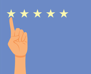 Person Pressing Five Stars Rating Feedback Vector illustration Design. Cheerful client giving positive appreciation and recommendation
