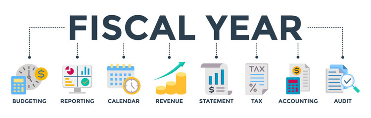 Fiscal year banner concept with icon of budgeting, reporting, calendar, revenue, statement, tax, accounting, and audit. Web icon vector illustration 