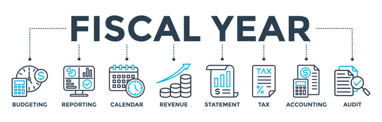 Fototapeta premium Fiscal year banner concept with icon of budgeting, reporting, calendar, revenue, statement, tax, accounting, and audit. Web icon vector illustration 